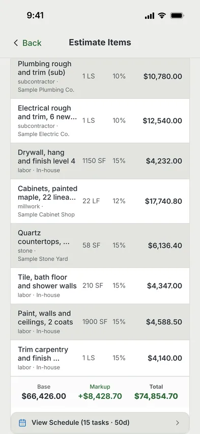 MAGE ID estimate screen with a total of $74,854.70
