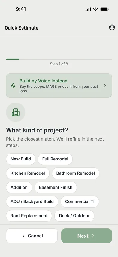 MAGE ID Quick Estimate, step 1 of 8, asking what kind of project it is