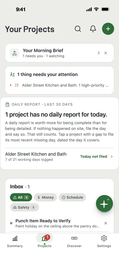 MAGE ID Home tab with the morning brief and what needs attention