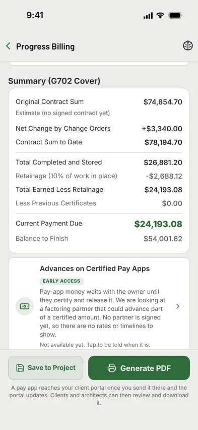 MAGE ID progress billing summary with a current payment due of $24,193.08