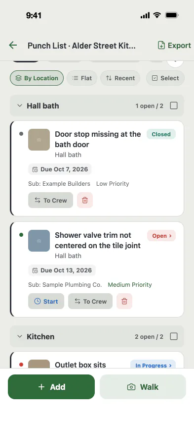 MAGE ID punch list by room, with who each item is assigned to and when it is due
