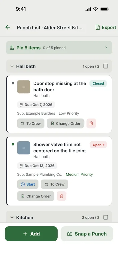 MAGE ID punch list by room, with who each item is assigned to and when it is due