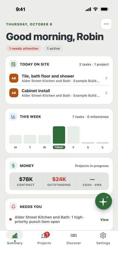 MAGE ID Summary tab: today on site, this week, and the money on the job