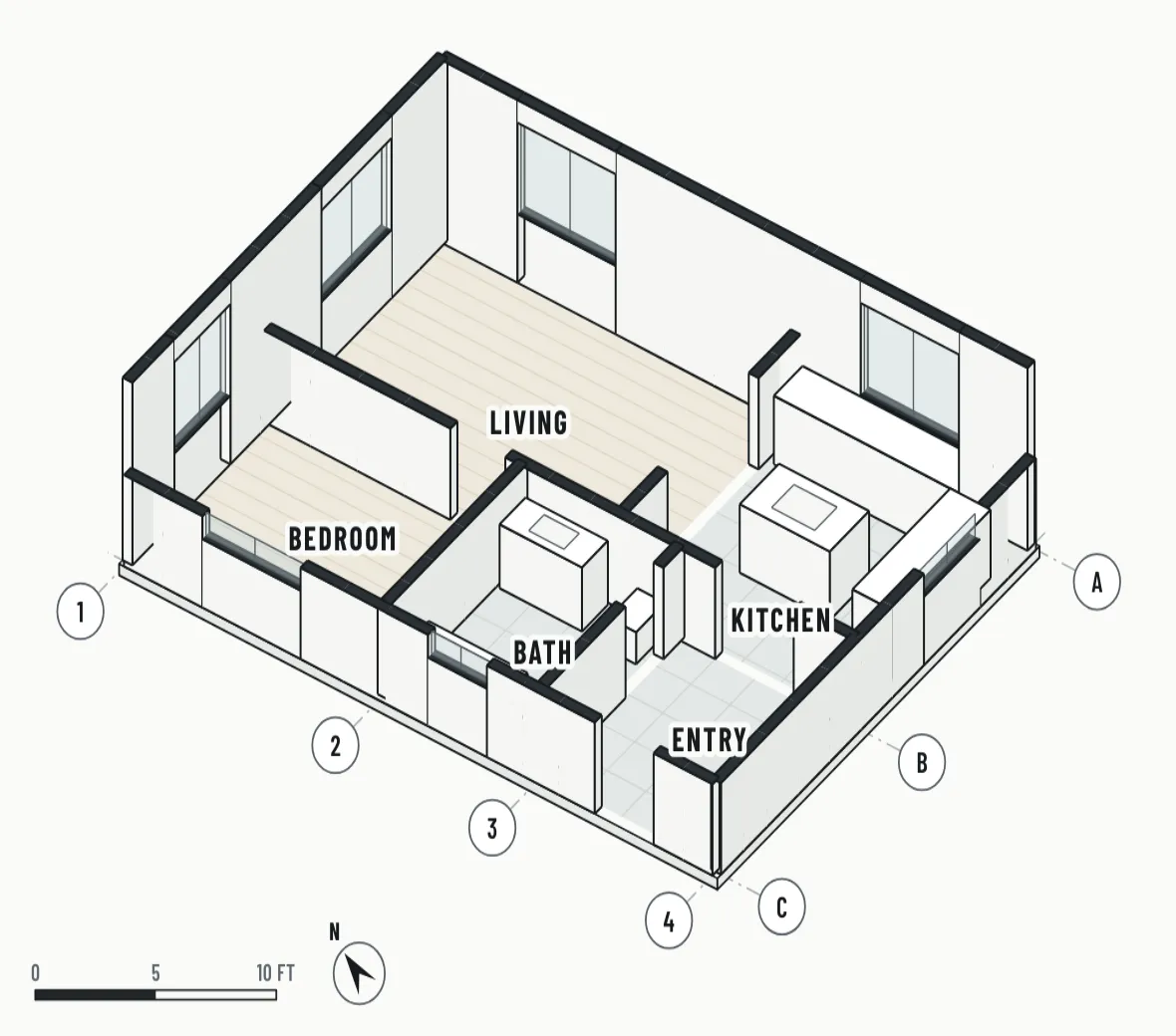 Illustration of the example job as a builder's drawing: a cutaway view of a kitchen, living room, bedroom, bath and entry, in ink lines on paper.