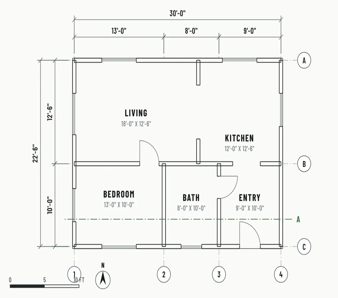 Illustration: the floor plan of the job with grid lines, room names and dimension strings