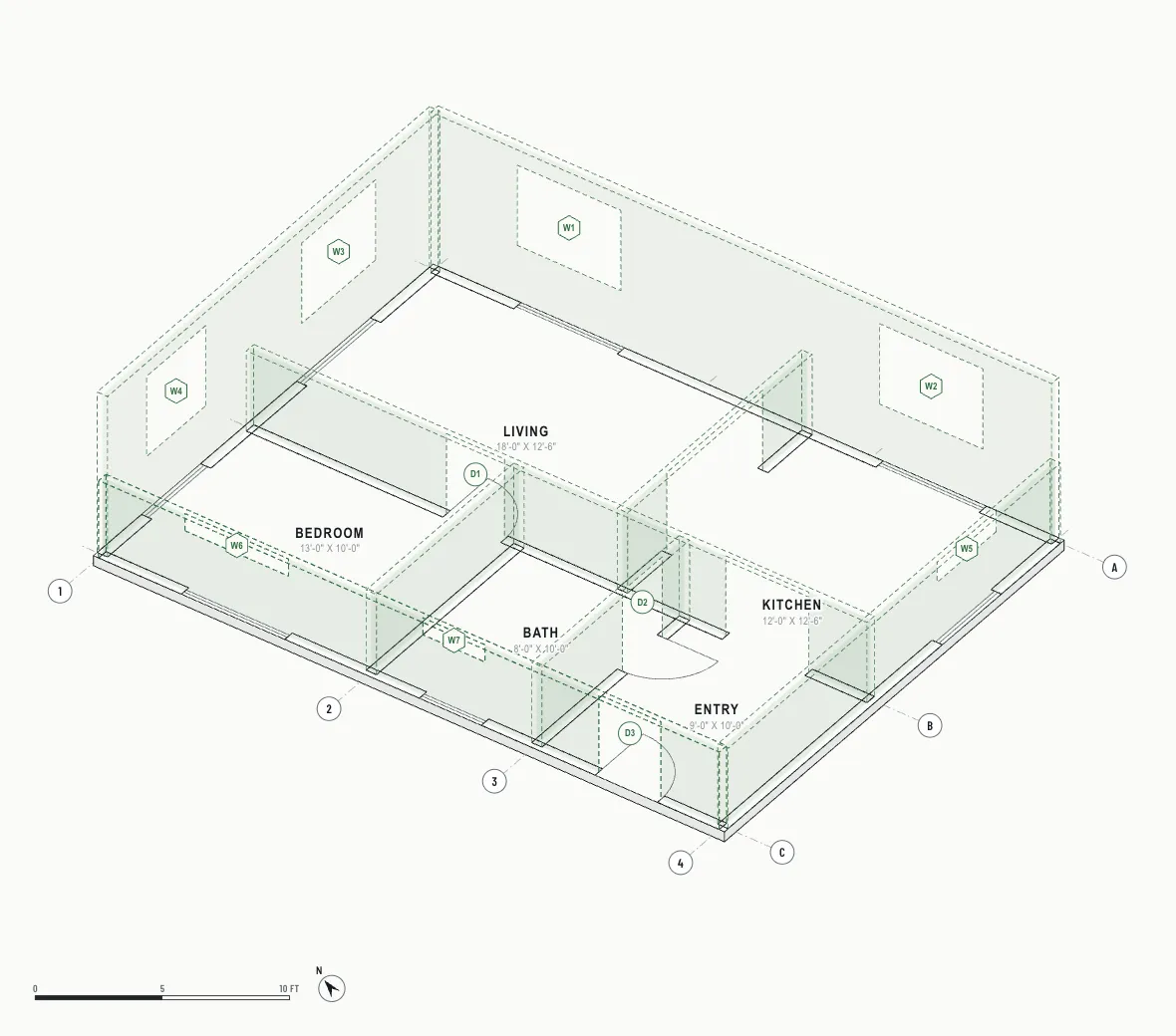 Illustration: dashed outlines of the planned walls standing on the floor plan