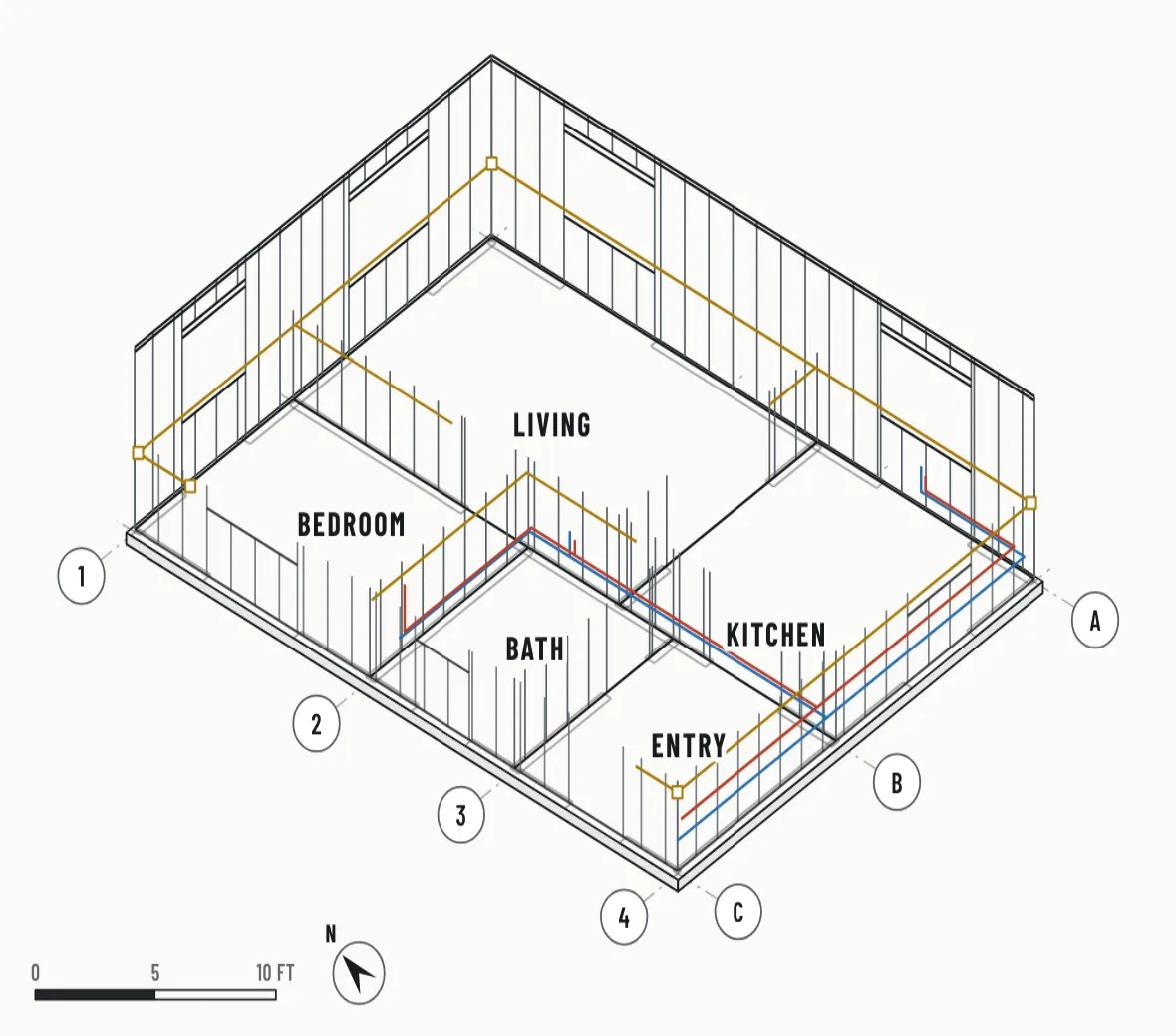 Illustration: stud walls at 16 inches on centre with water and electrical lines run through them