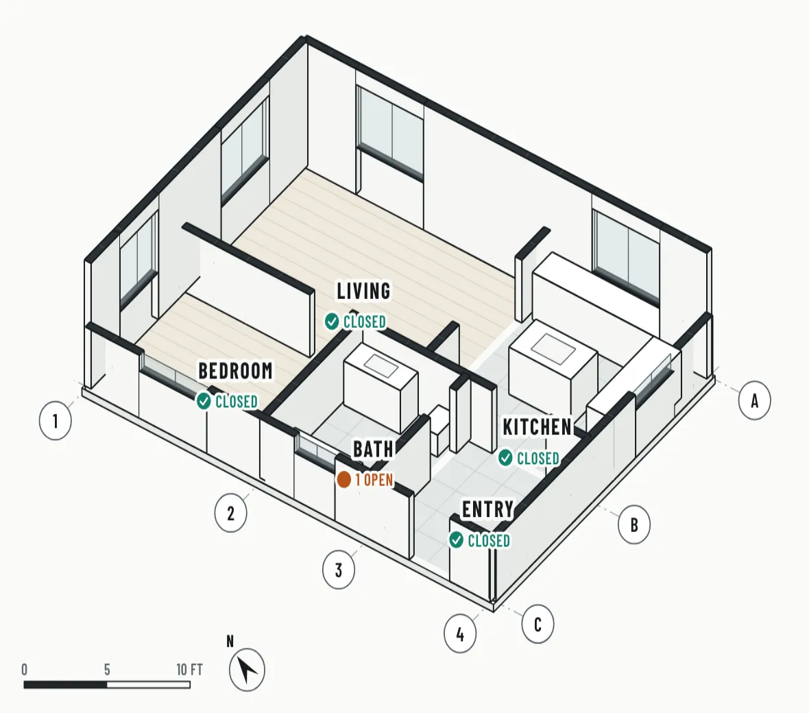 Illustration: the finished job with cabinets and fixtures in place and each room marked closed