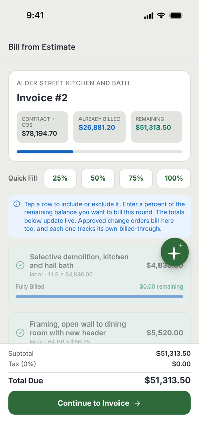 The second invoice drafted from the estimate: contract plus change orders, already billed, remaining, and a percent per line