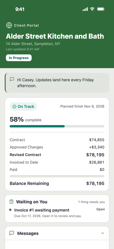 The job as the client sees it: progress, contract and change totals, and what is waiting on them