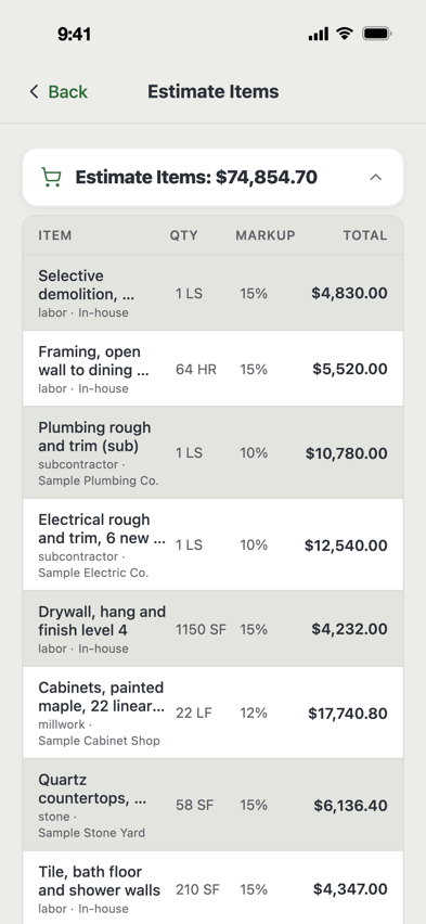 An estimate with each line, its quantity, markup and total