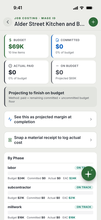 Job costing by phase: budget, committed and paid